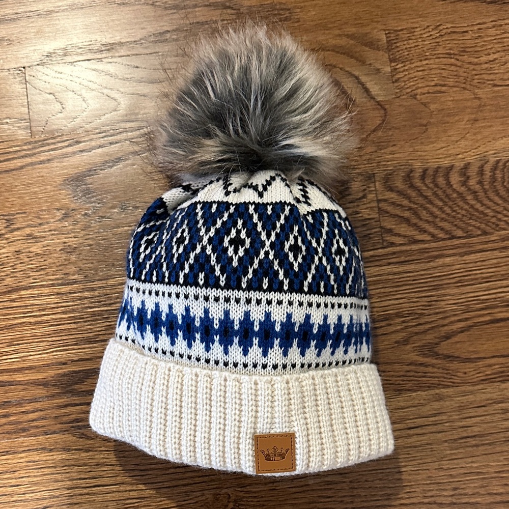 Panache Navy and Cream Patterned Pom-Pom Hat